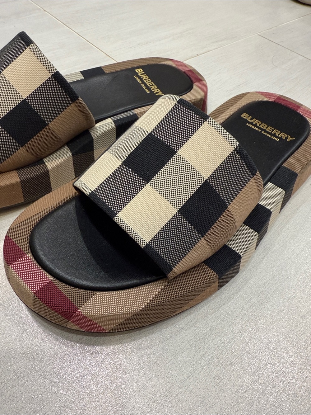 Burberry Plaid Slide Sandals in Beige Black and Red Accent - Picture 3 of 6